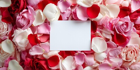 a blank square postcard mockup placed in the center of a large, heart-shaped arrangement of rose petals (pink, red, and white)