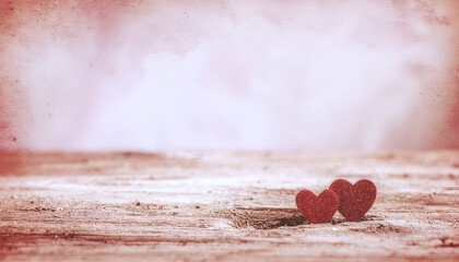 Fototapeta premium Hearts of Love: Two charming hearts, symbols of deep affection, lie gracefully on a textured surface. The soft, romantic hues and rustic charm evoke feelings of warmth, love, and togetherness.