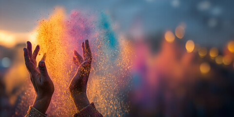 Close up of old hands throwing colorful powder, traditional Holi festival celebration in India, header with copy space