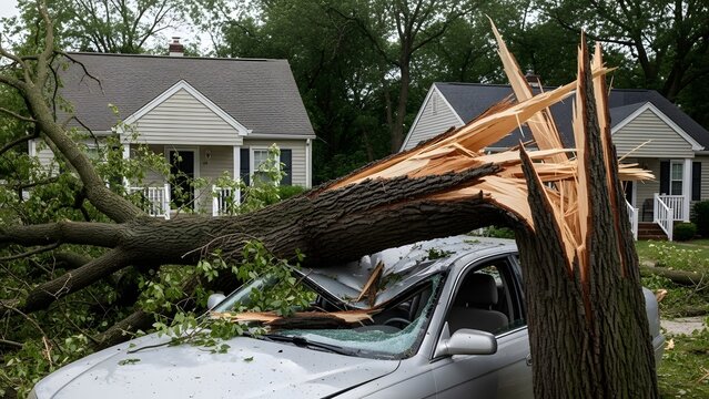 Large fallen tree crushing silver car in residential neighborhood with damaged house roofs