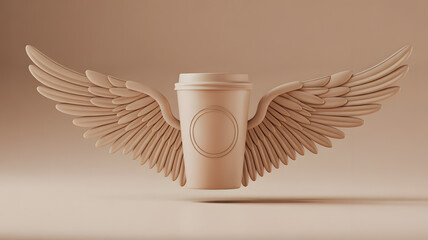 Winged coffee cup rendering on monochromatic scene, conceptual caffeine boost image