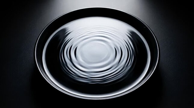 Cymatics Ink Plate Sound Pattern Art, Top Down Macro of Black Ink Dish with Pale Pigment Radial Nodes and Ripples, Spotlight Highlight Ring, Subtle Morphing Frequency Response Animation
