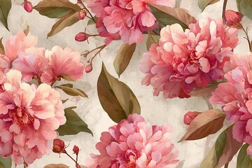 Shabby chic, pink floral vintage wallpaper pattern with a shimmery texture, watercolor style