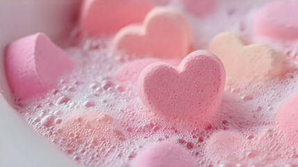 Fototapeta premium Pink and pastel heart shape bath bombs in bubbly foam. Self-care and romance concept for Valentine Day occasion and love celebration.
