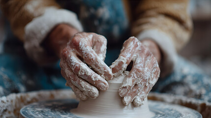 Woman potter forming clay on a pottery wheel. Creative craftsmanship and traditional ceramic art for hobby and workshop.