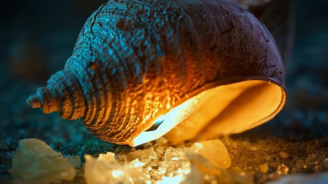 Emitting spiral shell shifting inner cool-to-warm glow across sand, lighting crystals and ridges