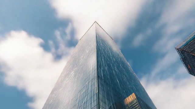 Clouds drifting, glass-clad skyscraper corner reflecting clouds and nearby tower lights from street