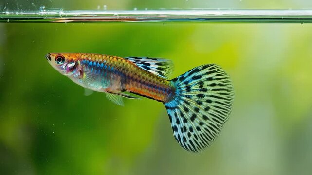 Colorful Guppy Fish Swimming in a Green Aquarium  Background