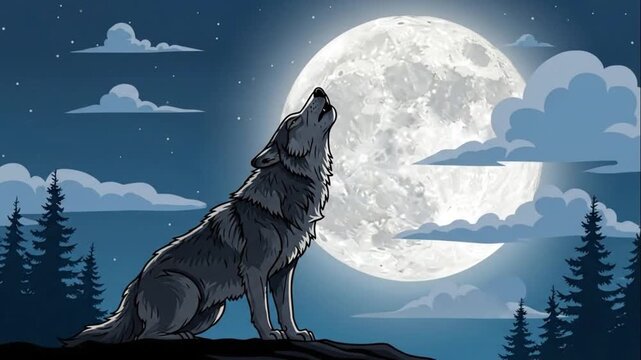 Cartoon Wolf Howling At Giant Full Moon In Forest Night
