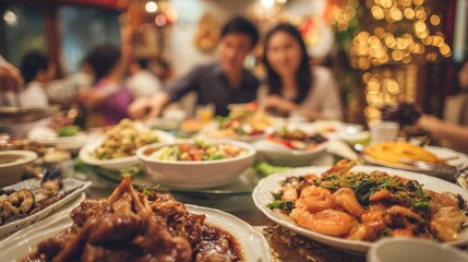 Chinese traditional lunar new year Spring Festival celebration in Asia. A group of people gathered around a table laden with a variety of food items, including bowls, plates, and a coffee cup.