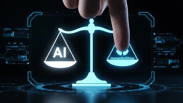 Balancing AI and ethics on the scales of justice, representing responsible decision-making and fairness in technology.