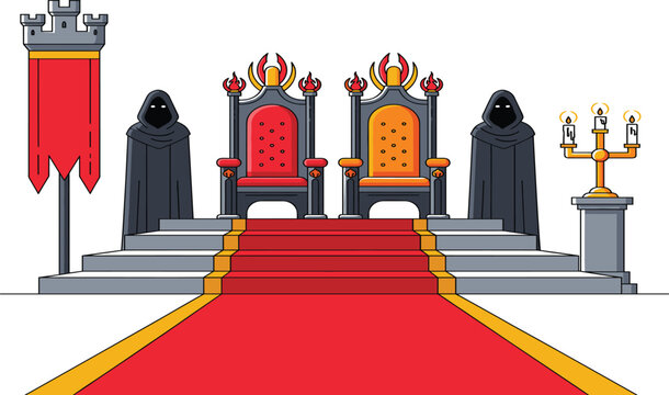 Fantasy throne room interior with royal chairs, red carpet, banners, candles, and mysterious guards, colorful flat vector illustration