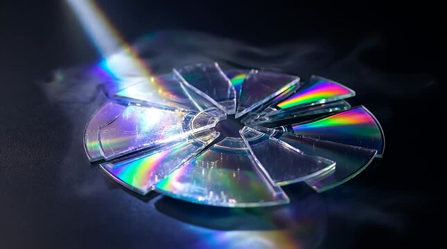 Shattered CD Glass Fragments in Spotlight Beam Splitting Rainbow Prisms