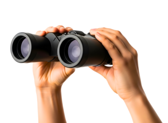 Hands holding black binoculars isolated on transparent background