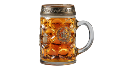 Traditional glass beer stein with ornate metal rim and handle isolated on white background for Oktoberfest, pub, beverage, celebration concepts