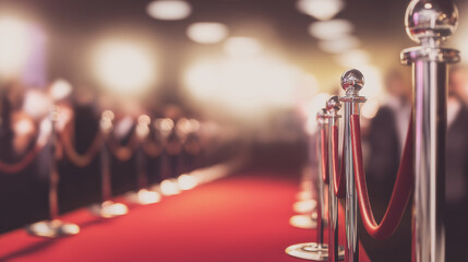 Red carpet premiere event leading to success, fame, and glory, with audience awaiting celebrities at a gala film festival or award ceremony, copy space