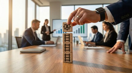 Business team in meeting room with growth charts and hierarchy blocks, symbolizing company development,teamwork,corporate strategy and success planning