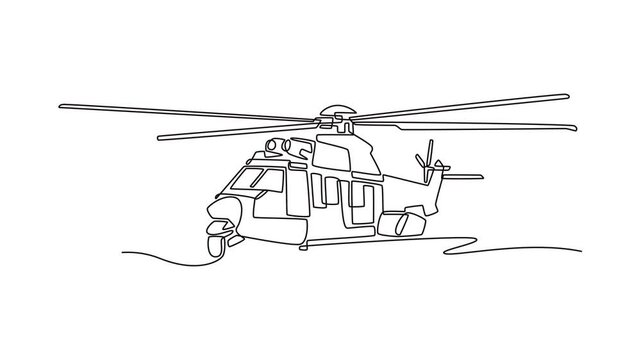 Animated self drawing of continuous line draw advanced support helicopter. Aerodynamic body, dual engines, sturdy landing skids designed for troop deployment in war. Full length single line animation