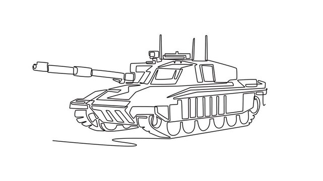 Animated self drawing of continuous line draw powerful armored vehicle. Heavy treads, rotating turret, long barrel of modern main battle tank for military combat use. Full length single line animation