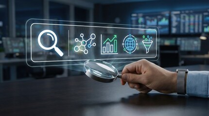 Hand holding magnifying glass scanning futuristic holographic analytics icons, digital research,SEO,market analysis,data strategy in modern tech environment