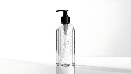 A clear plastic bottle filled with hand sanitizer, with a black pump dispenser top