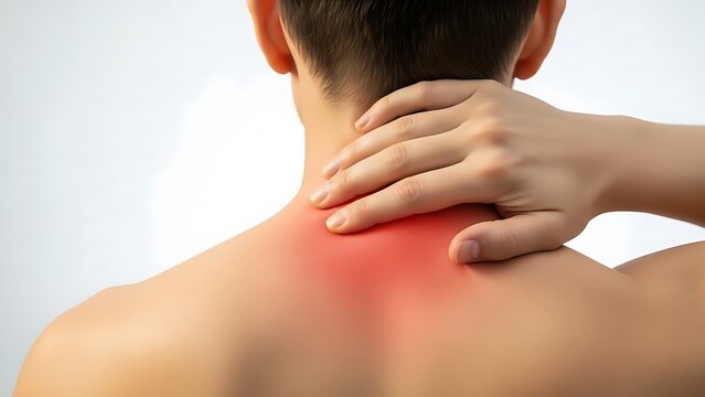 Close up of a person feeling pain in their neck and shoulder area, highlighted with red color to indicate discomfort and pain