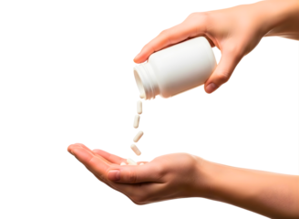 Hands pouring pills from bottle isolated on transparent background