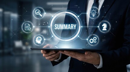 Business summary dashboard concept,modern interface showing data analytics icons,strategy visualization,and digital report analysis in office environment