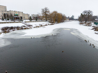 Winter River Scene with Ducks and Snowy Campus Landscape