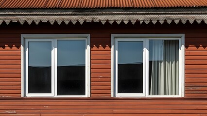Obraz premium Two double pane windows on a red wooden wall with a corrugated roof and decorative trim