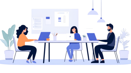 Three colleagues working together on laptops in a modern office setting with a large screen display