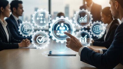 Corporate business meeting with strategy icons overlay,visualizing management,planning,global networking,and data-driven decision making