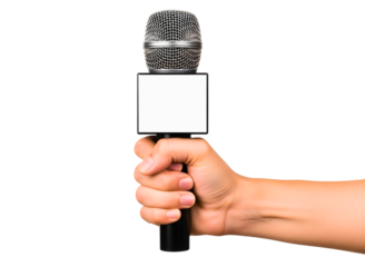 Hand holding a microphone isolated on transparent background