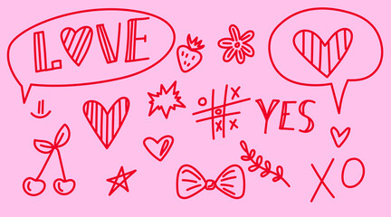 Childish Romantic Red Hand Drawn Doodle Symbol Set. Doodle Pen Stroke Love Art. Retro Neon Outline. Valentine Day Party Decoration. Curve Wavy Pencil Icon Collection