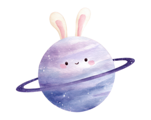 Watercolor Rabbit Ears Planet - Cute Space Bunny Illustration
