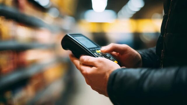 Shop employee scanning products with handheld IoT device for automated store inventory tracking and replenishment.