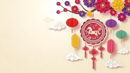 Vibrant Chinese New Year decorations with colorful lanterns and flowers for 2026 celebration