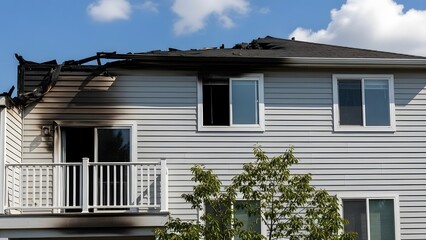 Two story house with fire damaged roof and charred balcony under clear blue sky residential building