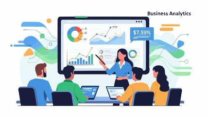 Business analytics presentation with charts and graphs on screen.