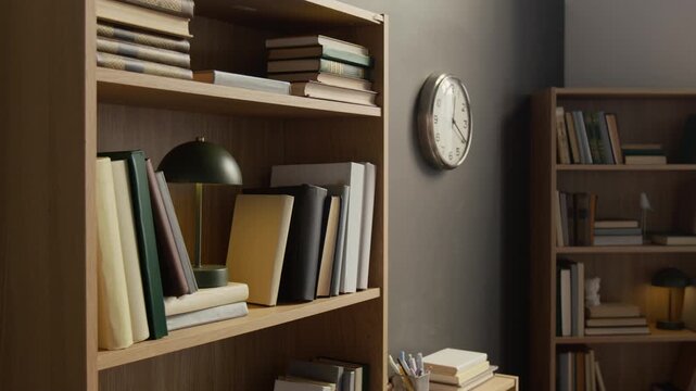 No people shot of stack of hardcover books arranged on wooden bookcase shelf with lamp standing nearby, detail of modern therapy office interior