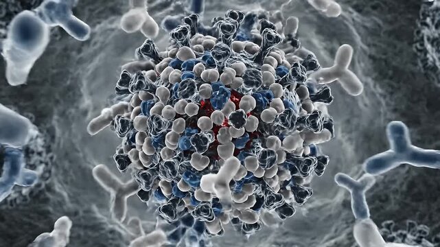 Microscopic view of a virus with protein spikes and genetic material.