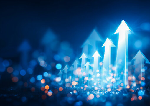 Glowing blue arrows rising through golden bokeh lights on a dark background. Abstract concept of growth, success, and financial progress with a low angle perspective and depth of field.