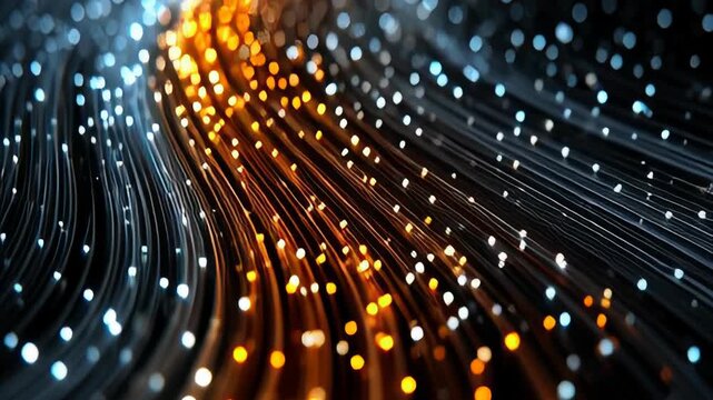 Data stream flowing light information highway with glowing blue and orange fiber optic cables creating dynamic abstract technology energy pattern