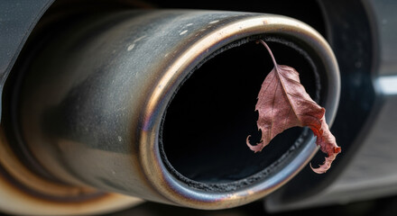 Dry autumn leaf in car exhaust pipe symbolic image of pollution and carbon footprint on environment showing impact of vehicle emission