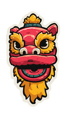 Lion Dance Head Sticker Icon Traditional Red Gold Face Flat Vector