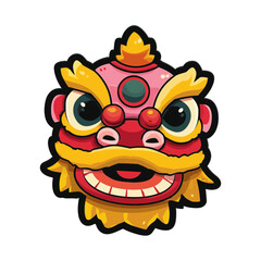 Lion Dance Head Sticker Icon Yellow Red Face Cute Mascot Flat Vector