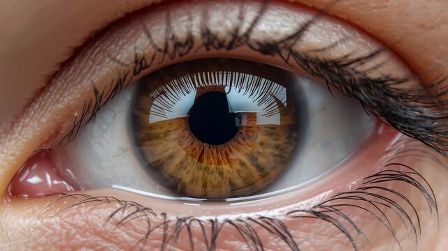 Reacting to bright light, macro hazel iris constricting pupil, lowering lid, showing camera glint