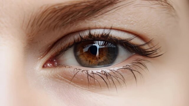 Pulling back camera revealing macro hazel iris in studio, showing rectangular highlight and lashes