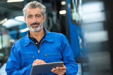 smiling mechanic with a tire and tablet