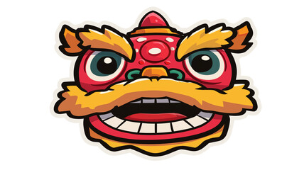 Lion Dance Head Sticker Icon Small Face Flat Vector Cute Mascot